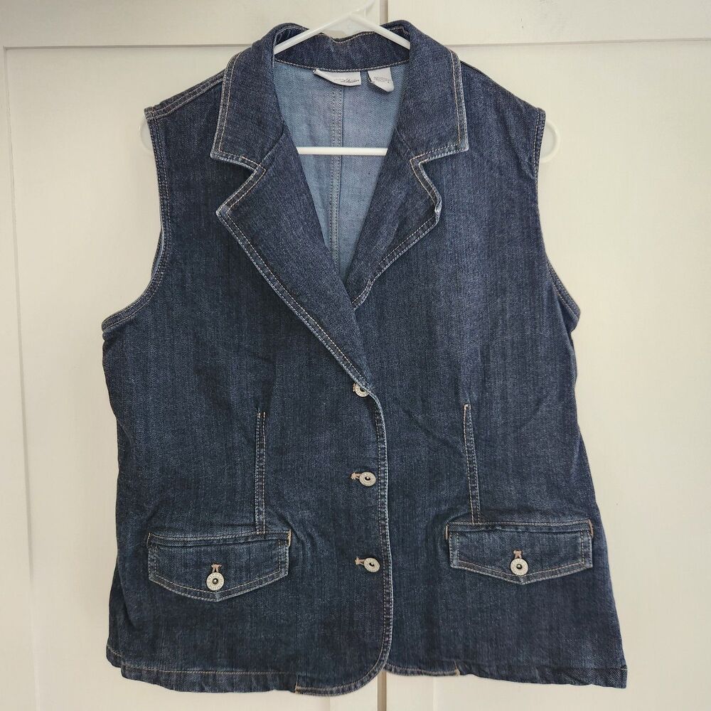 Chicos Platinum Womens Sleeveless Vest Jeans Jacket Button Size 2 Blue Denim Y2K